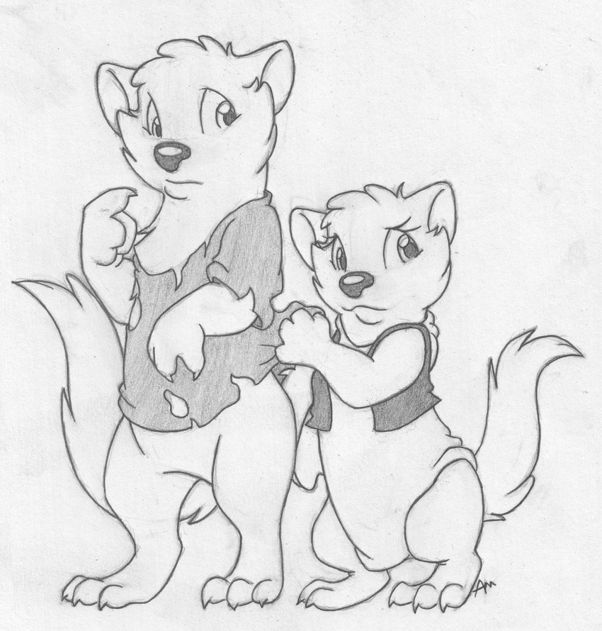 age_difference barefoot bottomless brother brother_and_sister clothed clothing cub digitigrade duo featureless_crotch female greyscale half-dressed hi_res looking_back mae_marten male mammal marten mizzyam monochrome mustelid pencil_(artwork) regi_marten semi-anthro shirt sibling signature sister size_difference torn_clothing traditional_media_(artwork) vest worried young