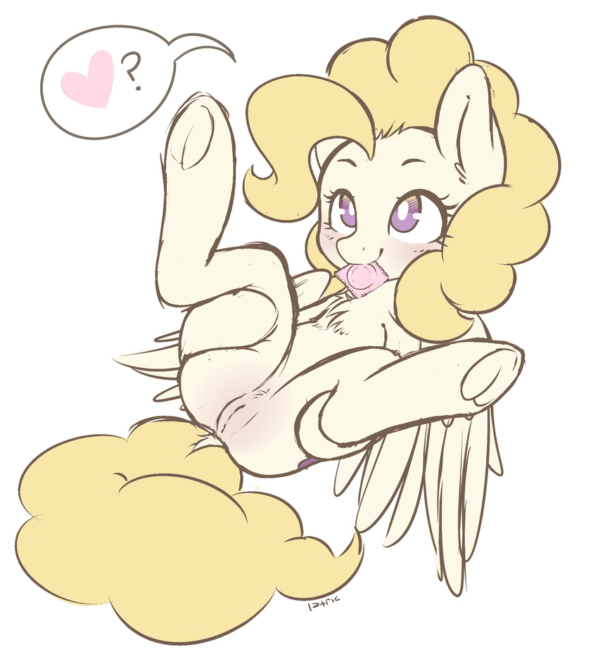 &lt;3 2015 ? blonde_hair blush butt chest_tuft condom condom_in_mouth dock equine female feral fur hair iatric lying mammal my_little_pony on_back pegasus presenting pussy simple_background solo spread_legs spreading surprise_(mlp) tuft underhoof white_background white_fur wings