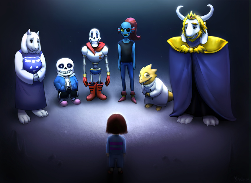 2015 age_difference alphys ambiguous_gender anthro asgore_dreemurr barefoot beard bone boots boss_monster caprine clothing coat crown dinosaur eye_patch eyewear facial_hair female fish footwear glasses gloves goat hair horn jacket jeans legwear light looking_at_viewer male mammal marine papyrus possim protagonist_(undertale) robes sans_(undertale) scarf shirt shorts size_difference skeleton slippers smile socks teeth toriel undertale undyne video_games wallpaper