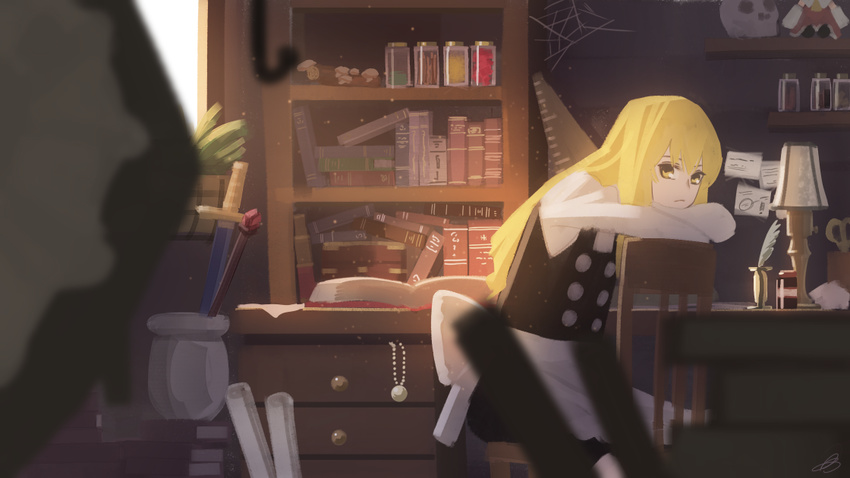 amino_(tn7135) apron bad_id bad_pixiv_id black_dress blonde_hair blurry book bookshelf bow buttons chair character_doll desk desk_lamp doll dress dust expressionless hakurei_reimu indoors jar jewelry jewelry_removed jug kirisame_marisa lamp long_hair looking_at_viewer necklace necklace_removed open_book open_drawer pearl_necklace pendant plant rod room scroll shelf silk sitting skull spider_web spread_legs staff sunlight sword table touhou vase waist_apron weapon window yellow_eyes