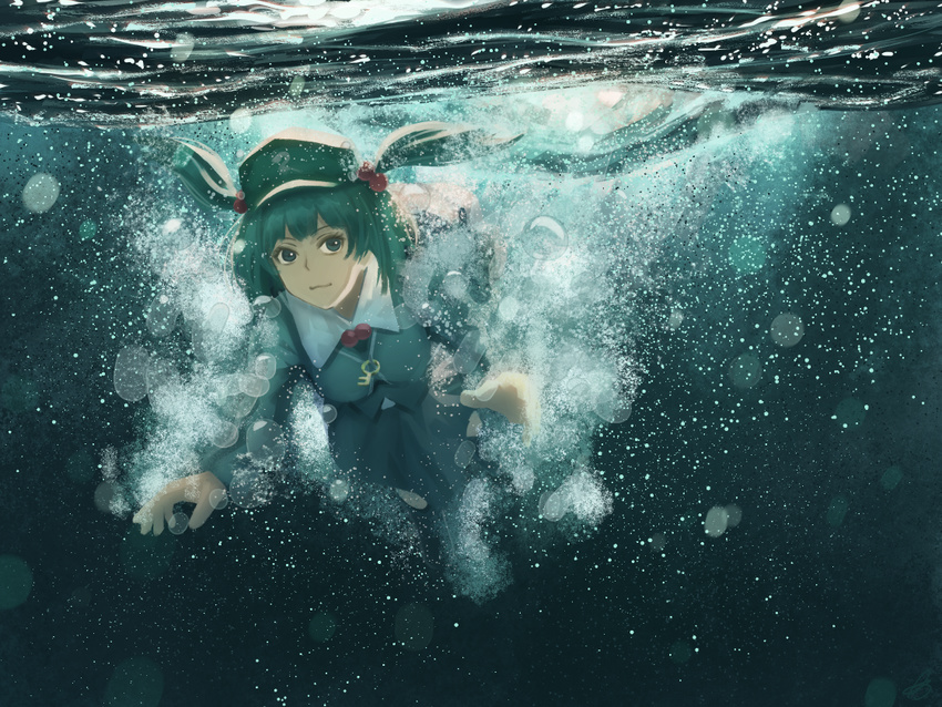 air_bubble amino_(tn7135) aqua_eyes aqua_hair bad_id bad_pixiv_id bangs beads blue_vest bubble collared_shirt diving expressionless floating_hair freediving hair_beads hair_bobbles hair_ornament hat kawashiro_nitori key looking_at_viewer shirt short_hair skirt skirt_set solo sunlight swimming touhou twintails two_side_up underwater vest water white_shirt