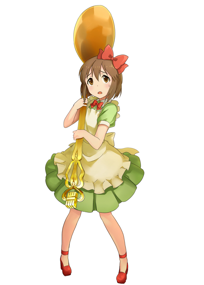 ankle_ribbon apron bad_id bad_pixiv_id bob_cut brown_eyes brown_hair dress full_body green_dress hagiwara_yukiho hair_ribbon high_heels highres idolmaster idolmaster_(classic) looking_at_viewer mitsuki_(goomoku) open_mouth oversized_object pigeon-toed puffy_short_sleeves puffy_sleeves ribbon short_hair short_sleeves simple_background solo spoon sweatdrop white_background