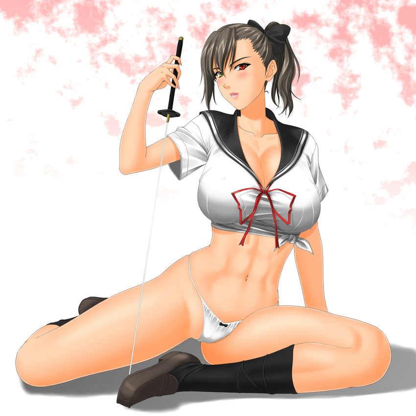 abs arm_support bad_id bad_pixiv_id black_hair blush bow breasts cameltoe cleavage hair_bow heterochromia highres katana large_breasts looking_at_viewer muryuuin_tayun navel no_pants original panties parted_lips ponytail red_eyes school_uniform serafuku shirt solo string_panties sword taut_clothes taut_shirt tied_shirt underwear weapon white_panties yellow_eyes