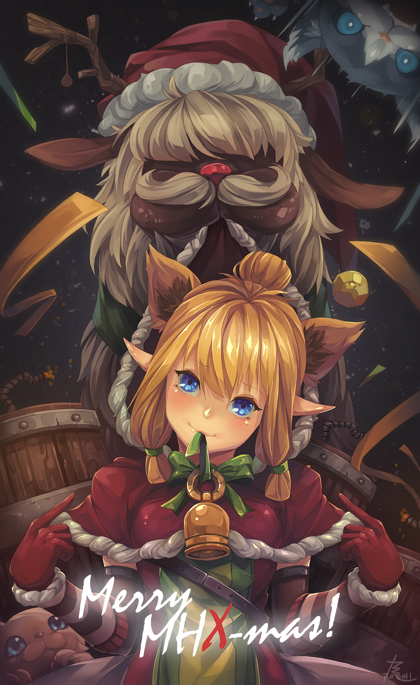 alpaca animal animal_ears bangs barrel bell belt blonde_hair bomb bow capelet cat_ears christmas clothed_animal commentary_request extra_ears fantasy felyne fire gloves green_bow green_eyes green_ribbon hat head_tilt highres looking_at_viewer melynx meowstress merry_christmas monster_hunter monster_hunter_x moofah mouth_hold night night_sky pointing pointing_at_self pointy_ears pun rebe11 red_gloves red_hat red_hood red_nose reindeer ribbon rope santa_costume santa_hat short_ponytail signature sky smile upper_body