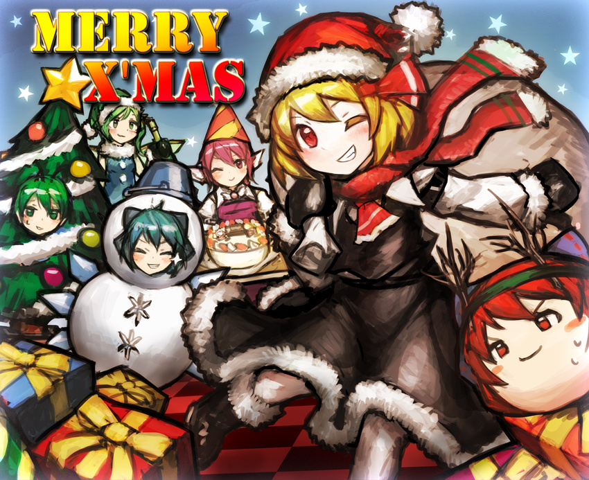 animal_ears antennae antlers ascot bag black_dress blonde_hair blue_hair bow box cake christmas christmas_ornaments christmas_tree cirno daiyousei disembodied_head dress food gift gift_box green_eyes green_hair grin hair_bow hat ice ice_wings merry_christmas multiple_girls mystia_lorelei one_eye_closed pink_eyes pink_hair red_eyes red_hair reindeer_antlers rumia santa_hat scarf sekibanki smile snowman snowman_costume spark621 sparkle team_9 touhou wings wriggle_nightbug yukkuri_shiteitte_ne