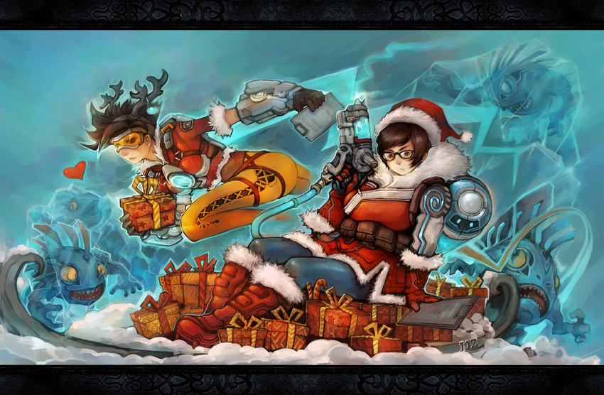 antlers ass bodysuit breasts brown_eyes brown_hair christmas clipboard frozen gift glasses goggles gun hat highres medium_breasts mei_(overwatch) monster multiple_girls murloc orange_bodysuit overwatch running santa_hat shizi_(10z) short_hair sleigh smile thighs tracer_(overwatch) weapon yellow_eyes