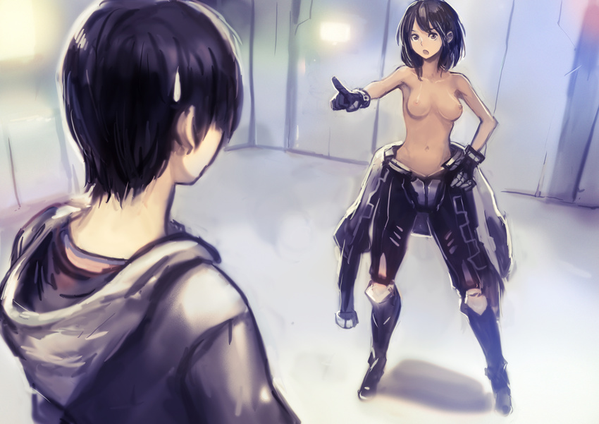 1girl :o absurdres bangs black_hair bodysuit bodysuit_pull breasts commentary_request eye_contact gloves grey_eyes groin hand_on_hip highres hood hood_down hoodie indoors legs_apart long_hair looking_at_another medium_breasts navel nipples okuto open_mouth original outstretched_arm partial_commentary pointing shadow short_hair sketch standing topless