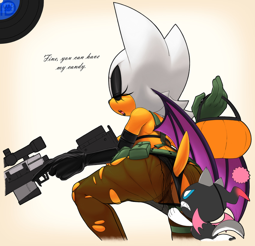 2015 anthro anus armwear black_nose breasts butt clothed clothing crossover female fur gloves gun half-dressed haloween hi_res legwear lipstick makeup mammal marthedog metal_gear open_mouth panties pussy raised_tail ranged_weapon rouge_the_bat solo sonic_(series) text tights underwear video_games weapon wings