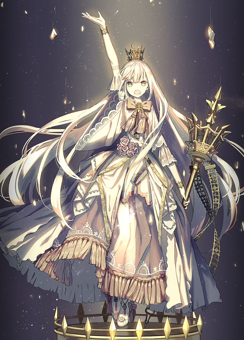bow bracelet crown dress elbow_gloves flower gloves green_eyes highres jewelry long_hair looking_at_viewer open_mouth original rose solo staff teeth very_long_hair white_hair zaza_(x-can01)