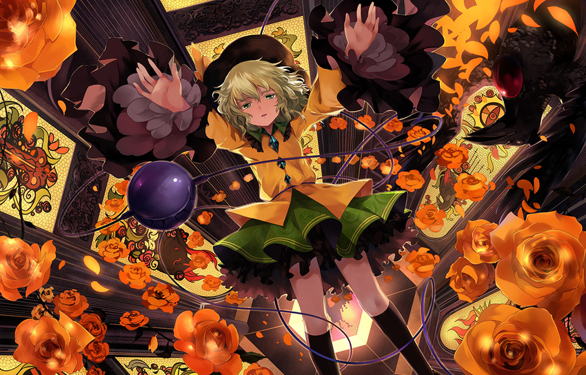 animal bangs bird black_legwear commentary_request floral_print flower green_eyes green_hair hair_between_eyes half-closed_eyes hat kneehighs komeiji_koishi light long_sleeves looking_at_viewer miniskirt mosaic_art neko_(yanshoujie) open_mouth orange_flower orange_rose outstretched_arms petals red_flower red_rose reiuji_utsuho reiuji_utsuho_(bird) rose rose_petals shirt silver_hair skirt third_eye touhou wide_sleeves