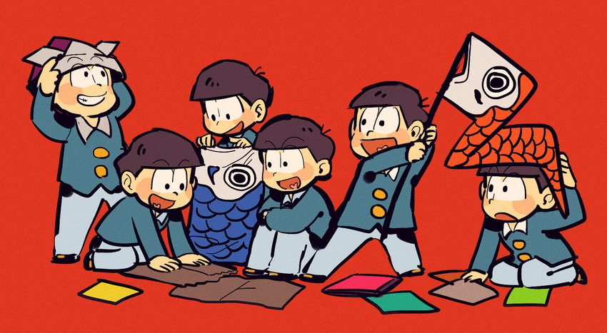 berobero brothers brown_hair child heart heart_in_mouth highres kneeling kodomo_no_hi koinobori looking_at_another looking_down looking_up male_focus matching_outfit matsuno_choromatsu matsuno_ichimatsu matsuno_juushimatsu matsuno_karamatsu matsuno_osomatsu matsuno_todomatsu multiple_boys osomatsu-kun paper_hat paper_kabuto red_background sextuplet_(osomatsu-kun) sextuplets siblings simple_background smile waving_flag wing_collar