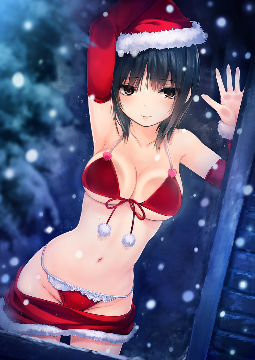 against_glass aoyama_sumika arm_up armpits bangs black_hair blurry bra breast_press breasts breasts_on_glass brown_eyes christmas cleavage closed_mouth coffee-kizoku cowboy_shot dutch_angle eyebrows eyebrows_visible_through_hair front-tie_top fur_trim hand_up hat heart highres light_smile looking_at_viewer medium_breasts miniskirt navel original outdoors panties pencil_skirt pom_pom_(clothes) red_bra red_hat red_panties red_skirt santa_costume santa_hat short_hair skirt skirt_pull snow snowing solo stomach strap_gap string_panties tree underwear window