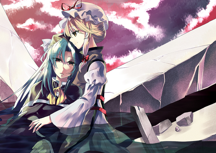 ascot blonde_hair cape capelet cloud cloudy_sky dress expressionless eyes_visible_through_hair fingernails green_hair hair_ribbon hair_up half-closed_eyes hat hat_ribbon head_on_chest head_on_head hug juliet_sleeves katayama_kei leaning_on_person long_hair long_sleeves looking_at_viewer looking_to_the_side mima mob_cap multiple_girls partially_submerged profile puffy_sleeves ribbon ruins sidelocks sky smile tabard touhou touhou_(pc-98) tress_ribbon twilight white_dress yakumo_yukari yellow_eyes