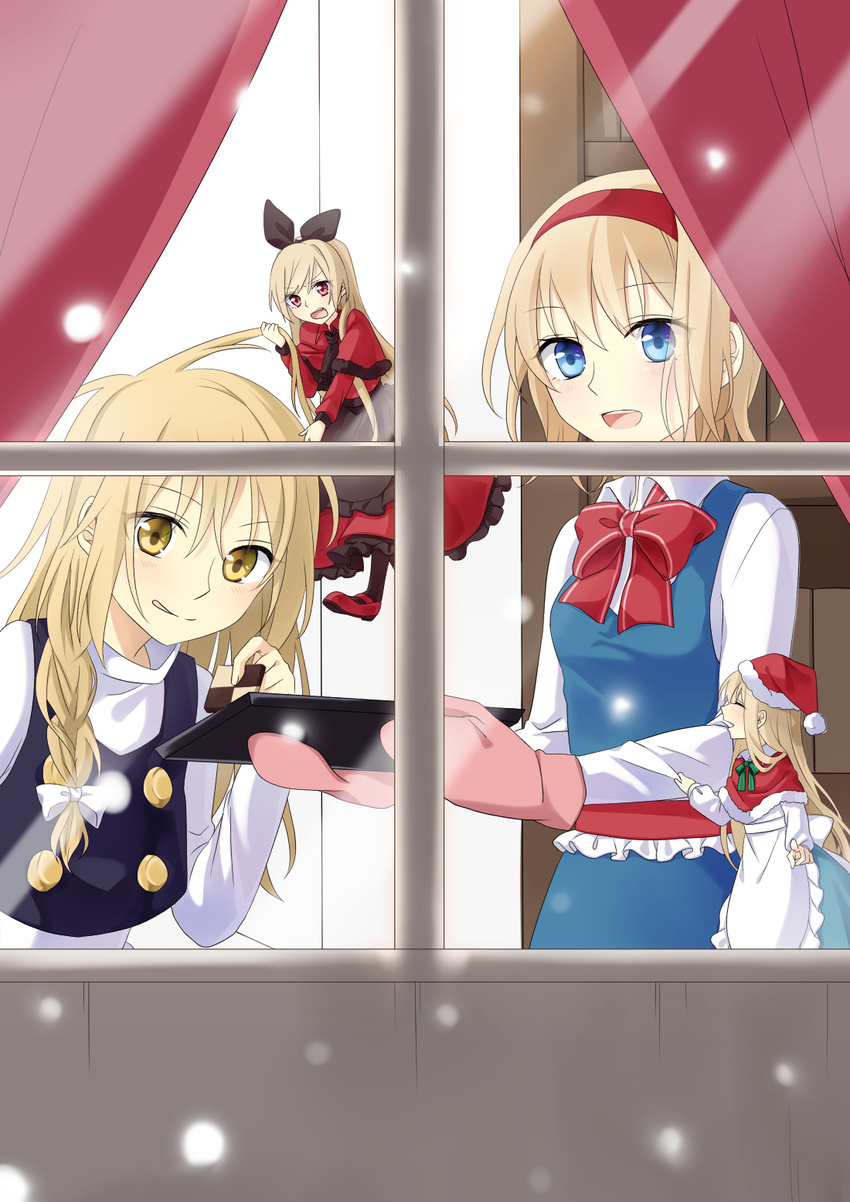 :d alice_margatroid apron black_dress blonde_hair blue_dress blue_eyes bow braid capelet cookie curtains dress food from_outside hair_pull hair_ribbon hairband hat highres hourai_doll kirisame_marisa licking_lips long_hair long_sleeves looking_out_window mittens multiple_girls open_mouth pointing red_dress red_eyes ribbon santa_hat sash shanghai_doll shirt single_braid smile snowing tongue tongue_out touhou tray tsuno_no_hito very_long_hair waist_apron yellow_eyes yuri