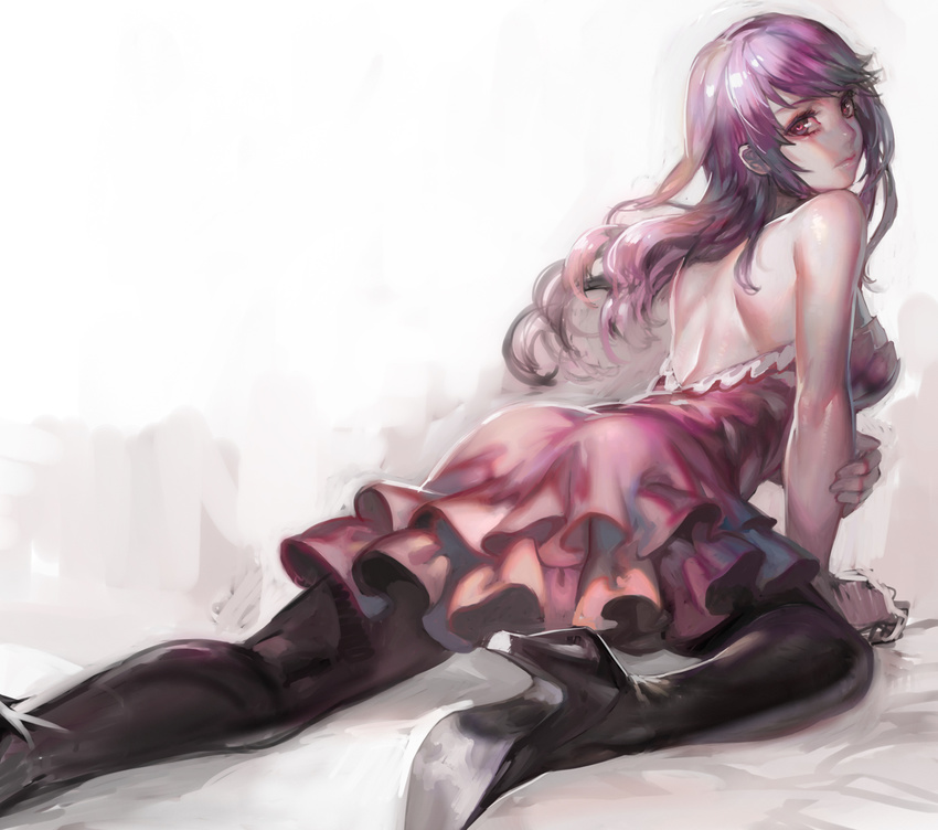 aoin bare_shoulders borrowed_character breasts dress from_behind high_heels highres large_breasts lips looking_back original purple_eyes purple_hair sketch solo