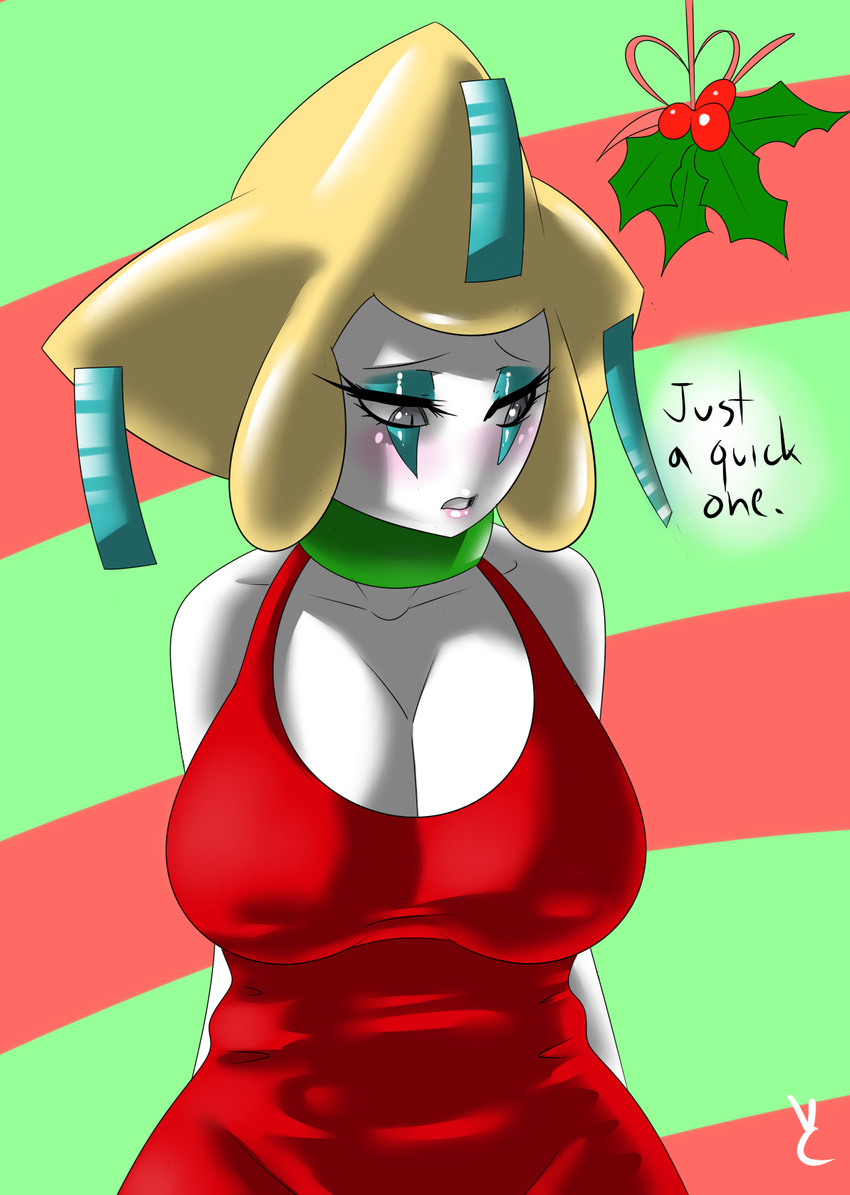 2015 anthro big_breasts blush breasts christmas clothed clothing female holidays humanoid jirachi legendary_pok&eacute;mon mistletoe nintendo open_mouth plant pok&eacute;mon simple_background solo video_games virate-chip