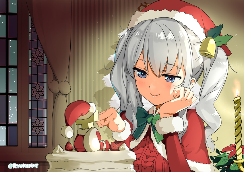 bell blue_eyes blush cake christmas commentary_request food hair_bell hair_ornament hat highres kantai_collection kashima_(kantai_collection) long_hair naitou_ryuu santa_costume santa_hat silver_hair smile solo t-head_admiral tsurime twintails wavy_hair