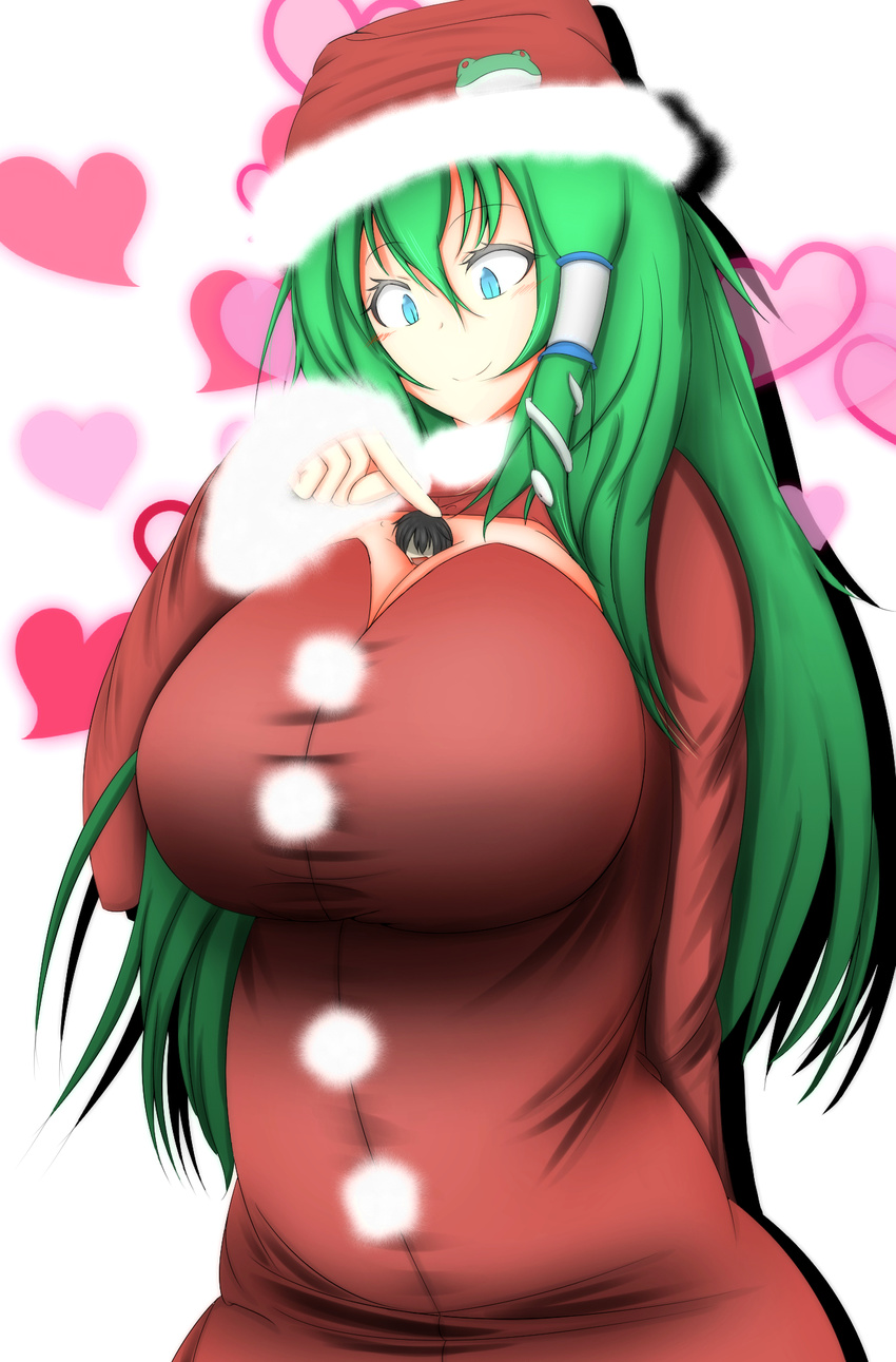 between_breasts blue_eyes breasts christmas faceless faceless_male frog giantess green_hair hair_ornament heart highres huge_breasts kochiya_sanae long_hair neva person_between_breasts santa_costume size_difference solo touhou