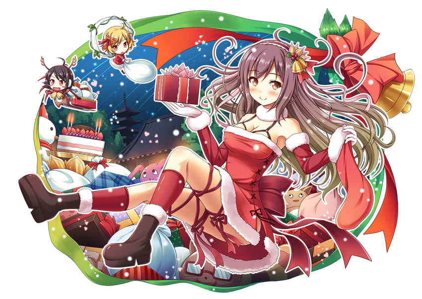 akashio_(loli_ace) aki_shizuha animal_costume antlers architecture asymmetrical_wings bag bare_shoulders bell black_hair blonde_hair blush_stickers boots box breasts cake christmas_stocking cleavage detached_sleeves east_asian_architecture food gift gift_box glasses gradient_hair hair_bell hair_ornament hairband heart highres hijiri_byakuren holly houjuu_nue large_breasts leg_ribbon long_hair multicolored_hair multiple_girls pagoda purple_hair red-framed_eyewear red_eyes reindeer_antlers reindeer_costume ribbon sack santa_costume short_hair simple_background sleigh smile touhou upskirt very_long_hair white_background wings