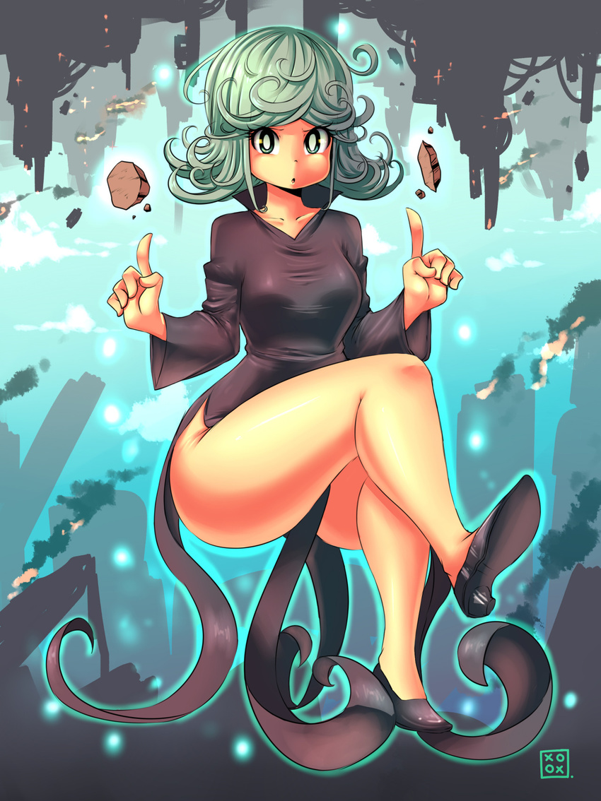 &gt;:o 1girl :o black_dress black_shoes collarbone crossed_legs curly_hair dress fire floating full_body green_eyes green_hair high_heels highres kenron_toqueen legs_crossed levitation long_sleeves no_socks one-punch_man onepunch_man pointing pointing_up rock shoes short_hair side_slit signature smoke solo tareme tatsumaki telekinesis thick_thighs thighs white_pupil