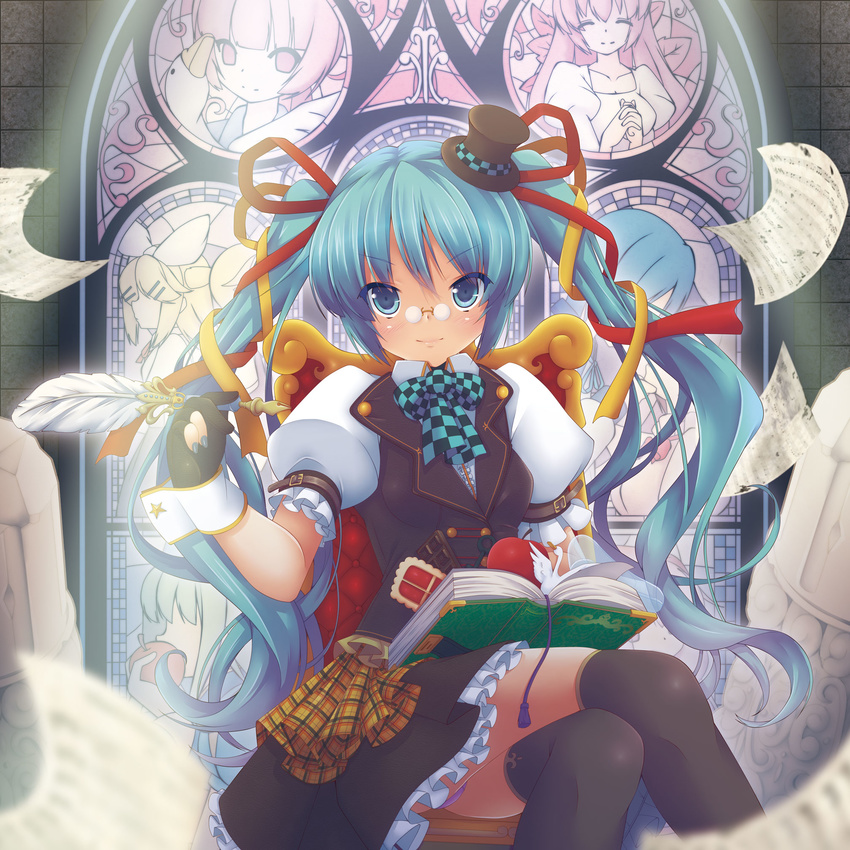 apple aqua_eyes aqua_hair book food fruit glasses gloves hat hatsune_miku highres long_hair mini_hat mini_top_hat solo thighhighs top_hat twintails vocaloid yuzuki_kei