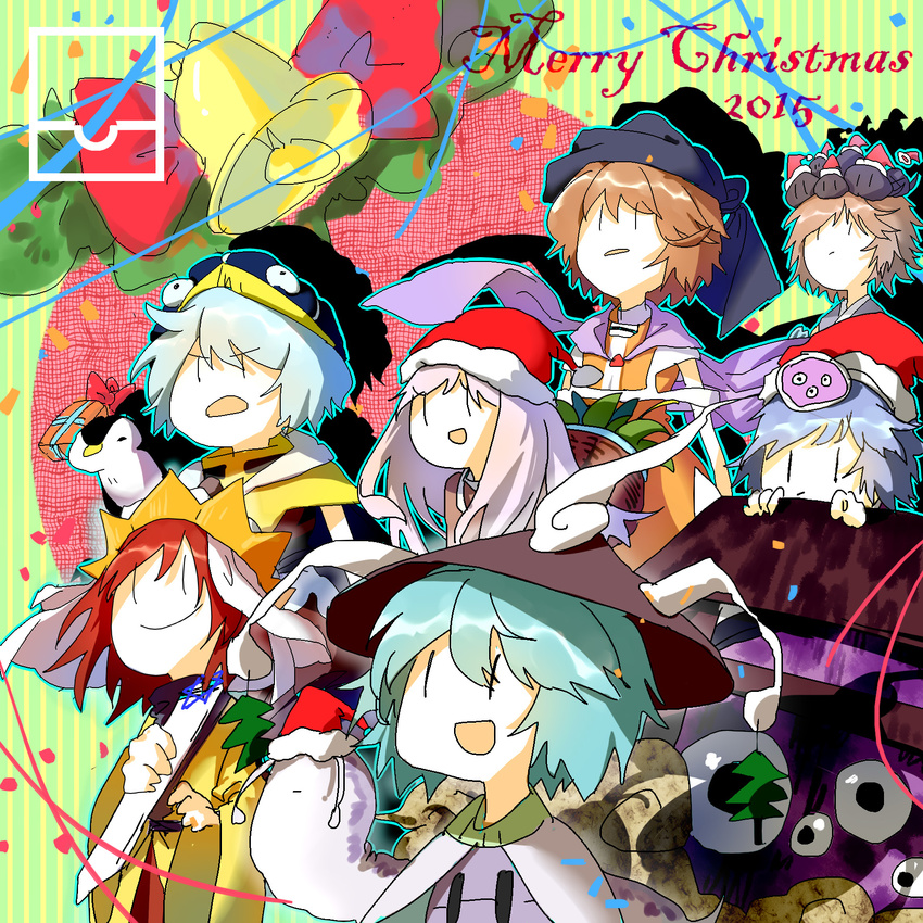 6+others ajirogasa androgynous antennae azuma_kaisen blue_hair brown_hair christmas detached_sleeves extra_eyes frilled_hat frills gloves hair_ornament hat highres japanese_clothes kesa_kujiru kimono kuzu_suzumi lavender_hair len'en medias_moritake mirror mitsumo multiple_others ooya_kunimitsu possessed red_hair santa_hat shirami_souko short_hair shouyoukyou smile tadpole tadpole_tail terumi_(len'en) turban turtleneck wei_li youkai