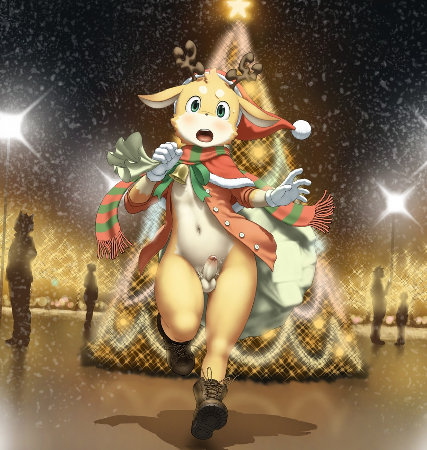 balls bell blush cervine christmas christmas_tree clothing cub erection gloves green_eyes hat hi_res holidays mammal navel open_mouth partially_retracted_foreskin penis precum public reindeer santa_hat scarf tree uncut young 白身