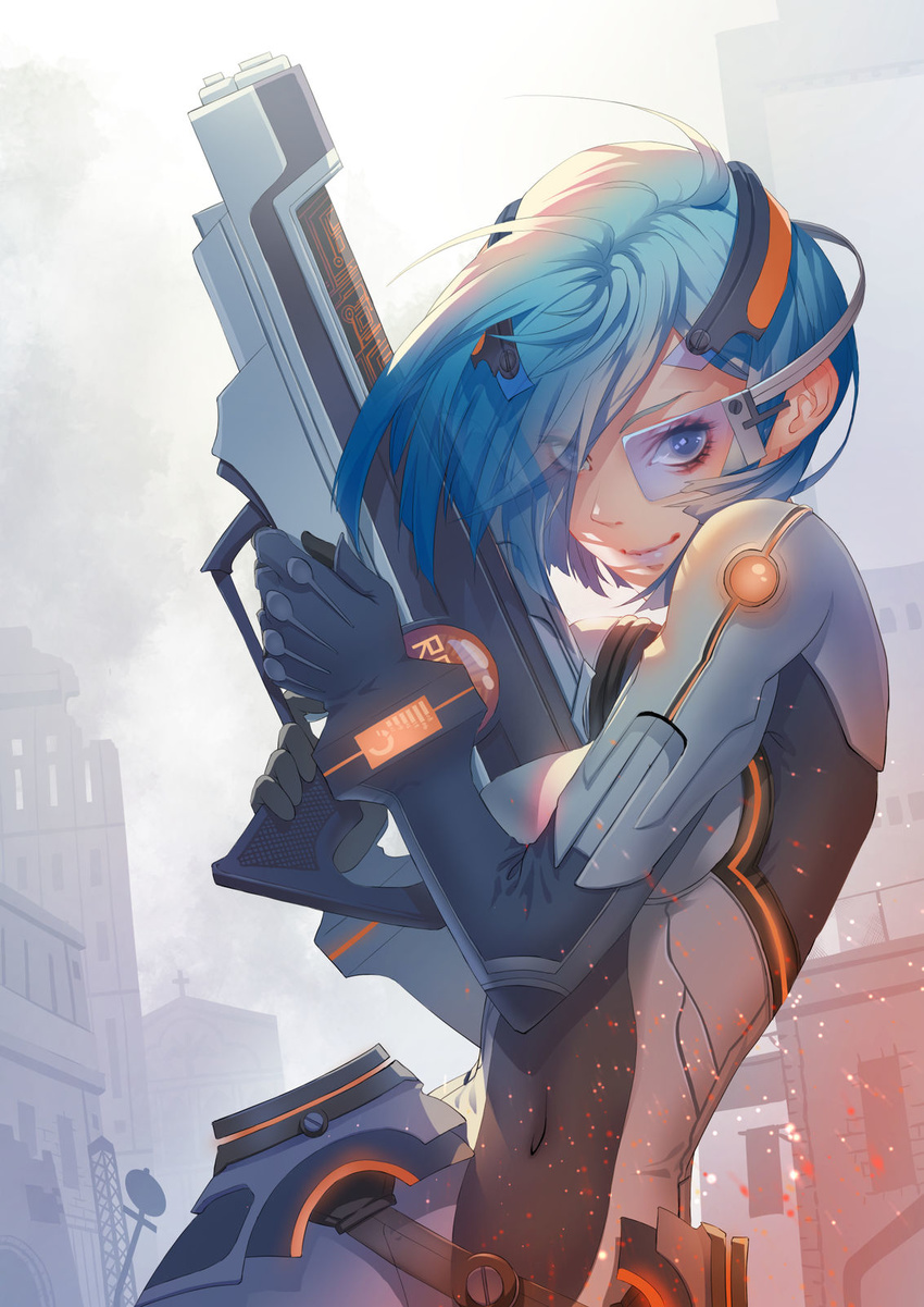 blue_hair bodysuit cross gun highres karesuki md5_mismatch navel original science_fiction scouter smile solo weapon