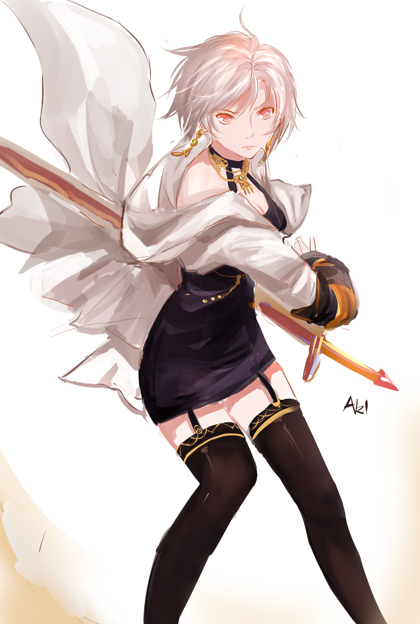 absurdres black_legwear breasts cleavage dungeon_and_fighter female_slayer_(dungeon_and_fighter) garter_straps highres holding holding_sword holding_weapon medium_breasts naemperor red_eyes short_hair silver_hair sketch solo sword sword_master_(dungeon_and_fighter) thighhighs weapon