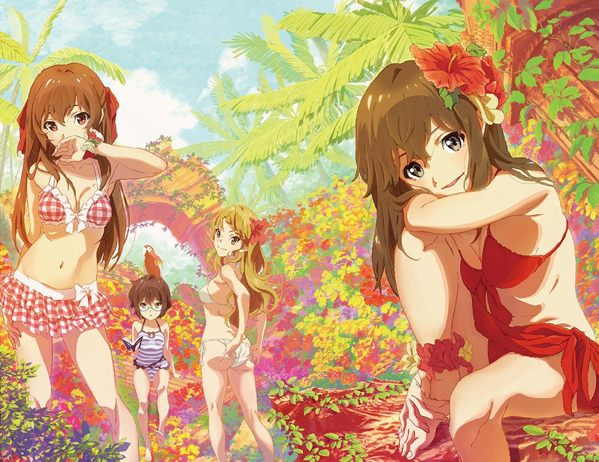 adjusting_clothes adjusting_swimsuit ass bikini bird blonde_hair blue_eyes book brown_hair chikaoka_sunao flower frills glasses hair_flower hair_ornament hair_ribbon hand_on_own_face hibiscus holding holding_book long_hair looking_at_viewer multiple_girls official_art ooishi_hina parrot red_eyes ribbon sarong shimada_mayu short_hair swimsuit tateishi_aoka wake_up_girls! wake_up_girls!_stage_no_tenshi yellow_eyes