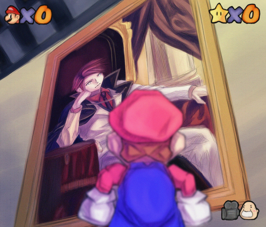 cape chair chin_rest crossover fake_screenshot formal highres jacket male_focus mario mario_(series) nanjou_terumasa necktie painting_(object) red_hair sitting solo super_mario_64 super_mario_bros. tekijira umineko_no_naku_koro_ni ushiromiya_battler