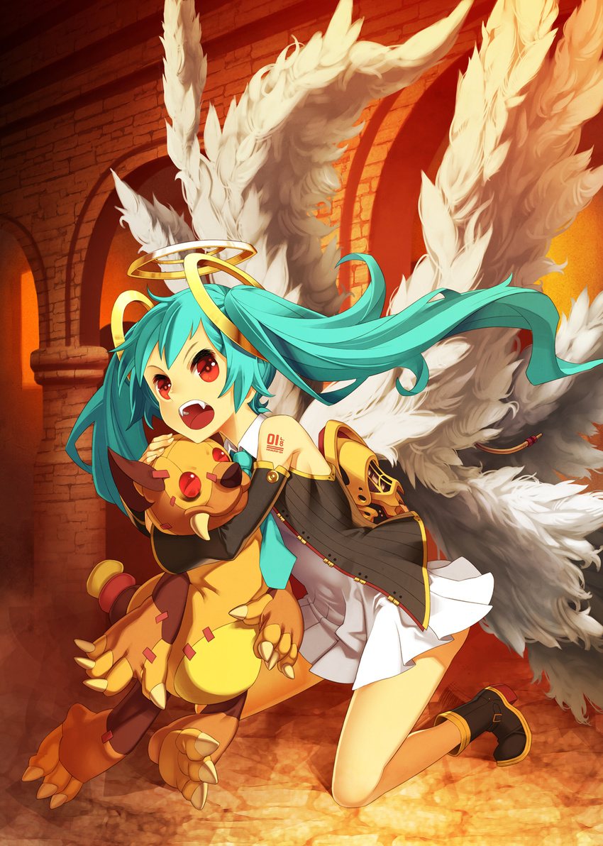 aqua_hair bare_shoulders boots dog fangs halo hatsune_miku highres kunieda long_hair necktie red_eyes solo vocaloid wings