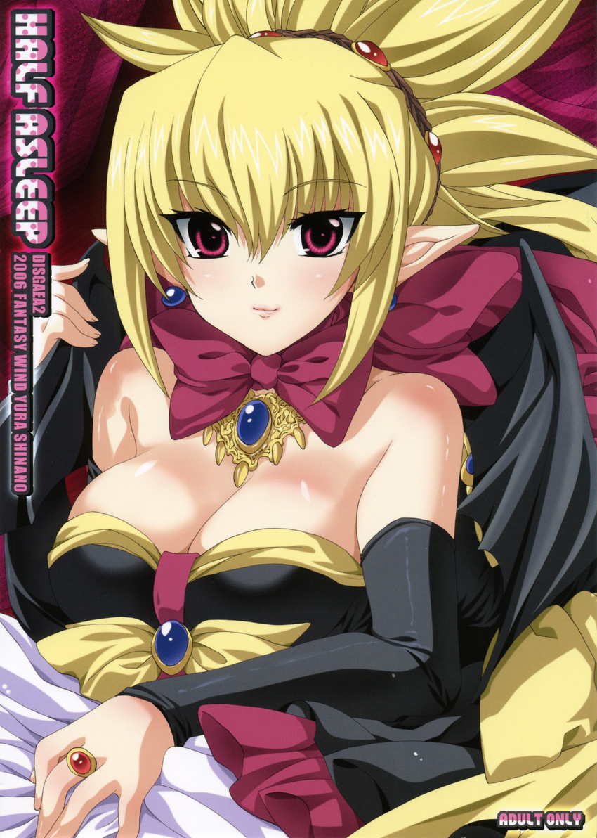 absurdres bat_wings blonde_hair bow breasts cleavage cover cover_page demon_girl detached_sleeves disgaea doujinshi dress earrings highres jewelry large_breasts makai_senki_disgaea_2 necklace pointy_ears red_eyes ring rozalin scan shinano_yura solo strapless strapless_dress wings yellow_bow