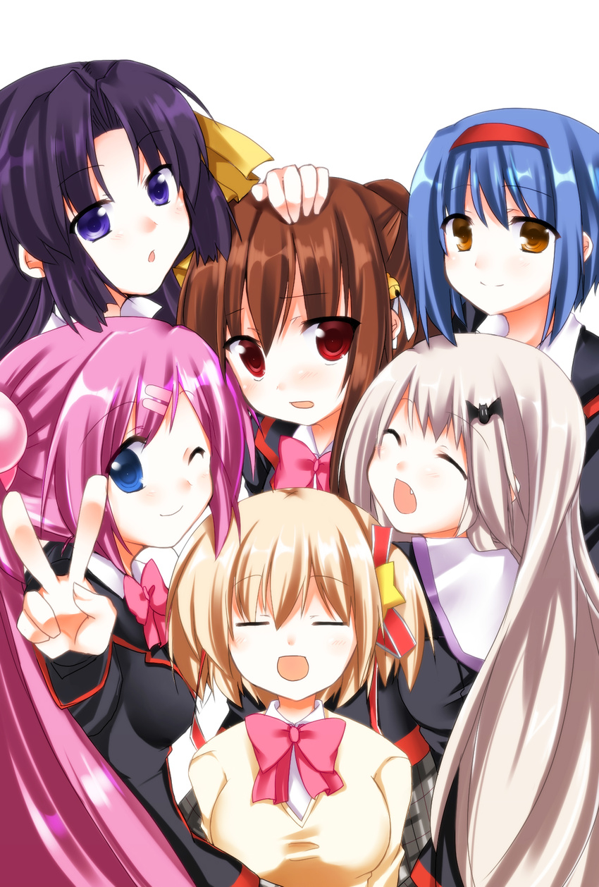 bad_id bad_pixiv_id black_hair blue_eyes blue_hair bow brown_eyes brown_hair closed_eyes highres kamikita_komari kurugaya_yuiko little_busters! long_hair multiple_girls natsume_rin nishizono_mio noumi_kudryavka pink_bow ponytail purple_hair red_eyes saigusa_haruka school_uniform shino_(sosuketo) short_hair side_ponytail