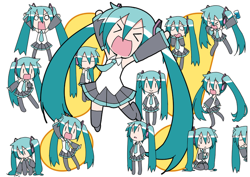 &gt;_&lt; 6+girls :&gt; :&lt; :3 :d =_= angry annoyed aqua_hair arms_up chibi chibi_miku closed_eyes dancing detached_sleeves drinking errant expressions hand_up hatsune_miku kneeling long_hair multiple_girls necktie o_o open_mouth peeking_out scared skirt smile soda sweatdrop tears thighhighs twintails very_long_hair vocaloid xd |_|