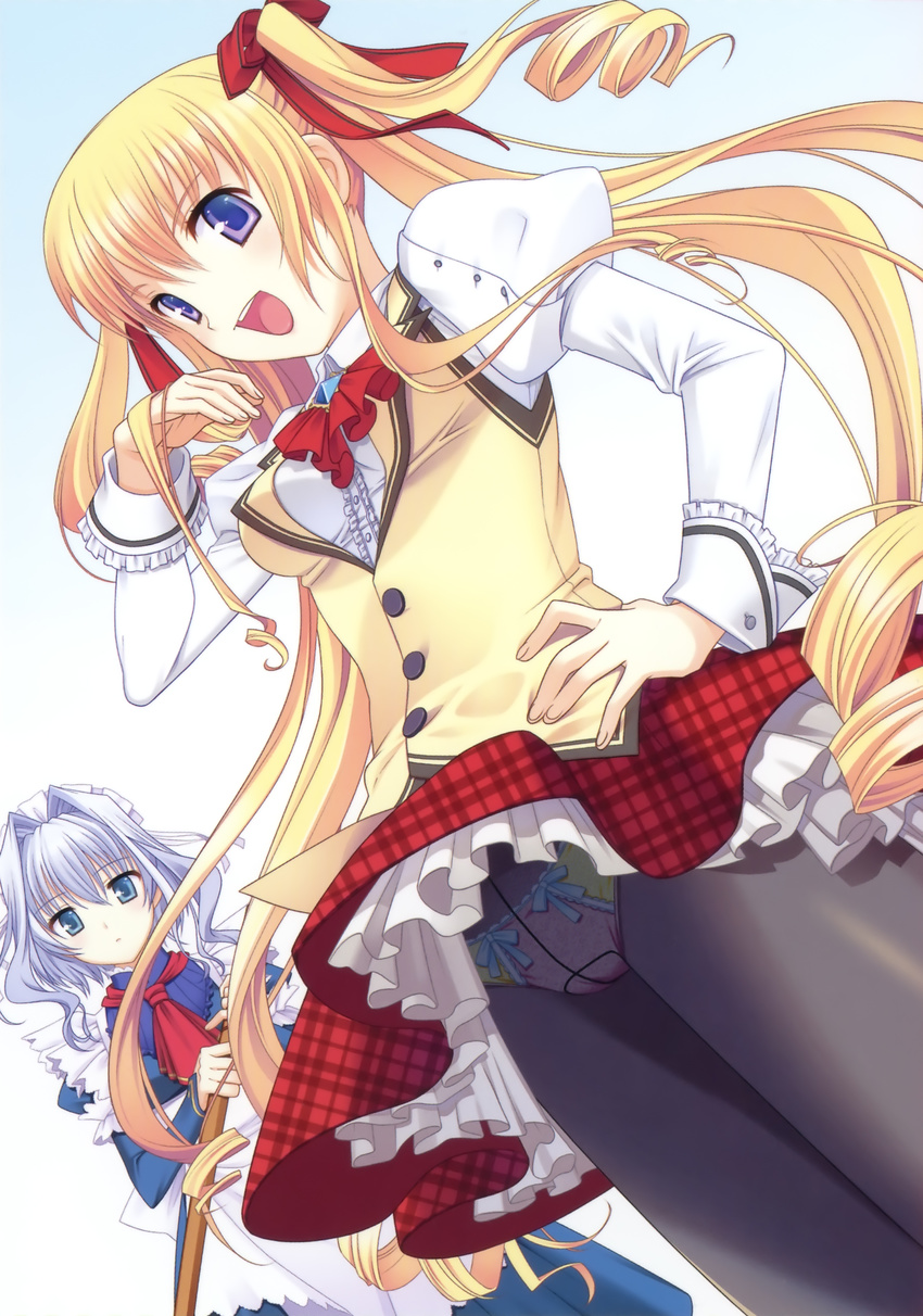 absurdres adjusting_hair ascot blonde_hair blue_eyes blush bow bow_panties brooch broom crotch_seam drill_hair dutch_angle frills hair_intakes hair_ribbon hamashima_shigeo highres jewelry laughing long_hair maid maid_headdress multiple_girls ojou-sama_pose onisaki_yukari panties panties_under_pantyhose pantyhose pantyshot plaid plaid_skirt princess_party purple_eyes ribbon sakagami_saya school_uniform short_hair skirt twin_drills twintails underwear upskirt very_long_hair vest white_hair wind wind_lift