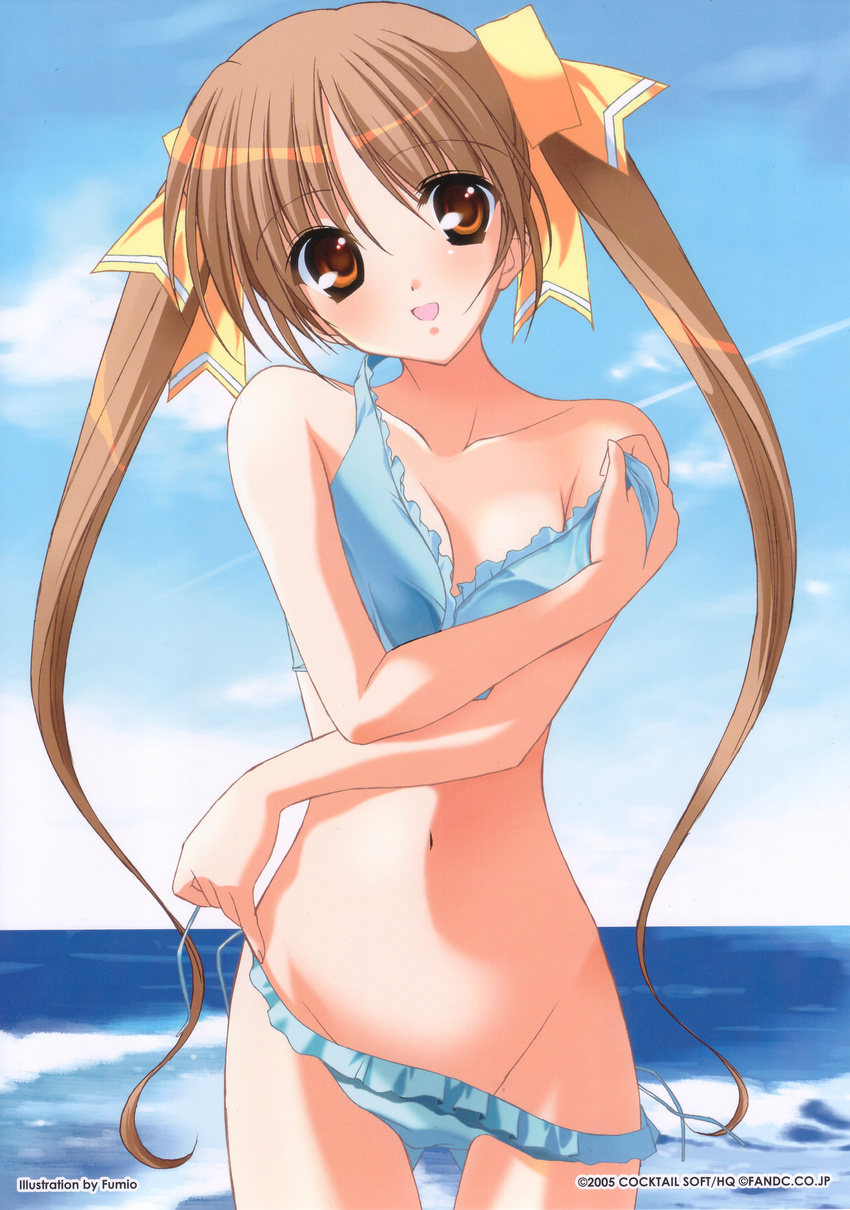 absurdres bikini brown_eyes brown_hair fumio_(ura_fmo) groin hair_ribbon highres kunugi_ayano long_hair navel open_mouth pia_carrot_(series) pia_carrot_e_youkoso!! ribbon solo swimsuit twintails undressing