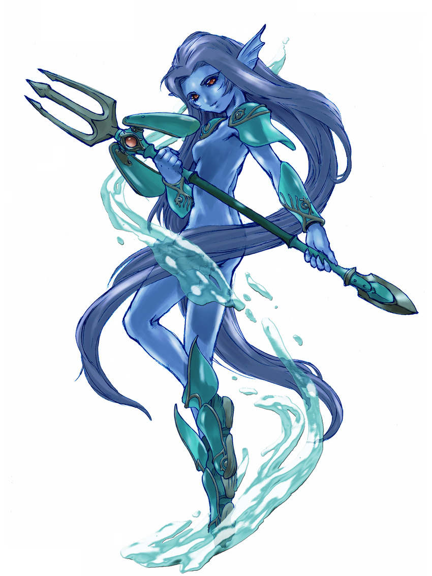 animal_ears armor blue_hair blue_skin breasts full_body highres holding inomata_mutsumi legs long_hair medium_breasts nude official_art orange_eyes polearm profile shoes sideboob simple_background smile solo standing tales_of_(series) tales_of_eternia trident undine_(tales) water weapon