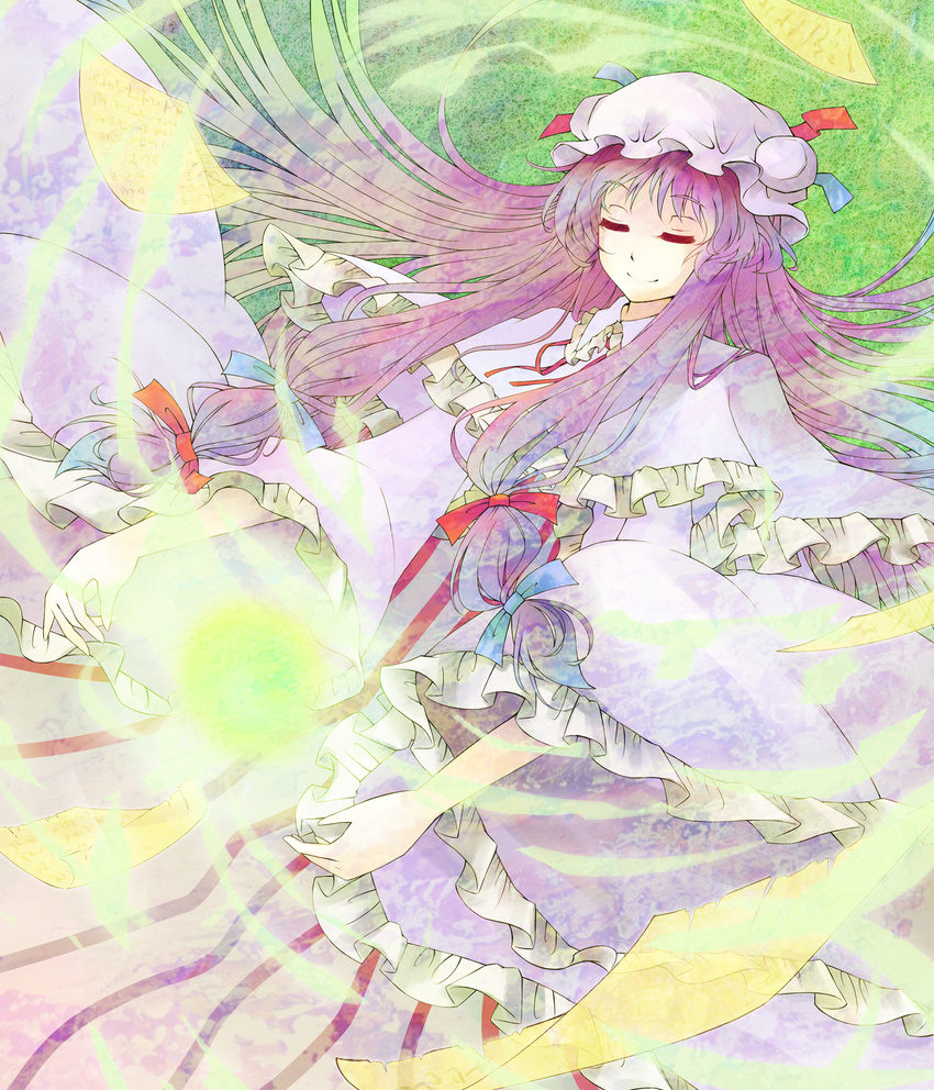 bow closed_eyes hair_bow hat highres long_hair magic paper patchouli_knowledge purple_hair robe smile solo striped touhou very_long_hair vetina