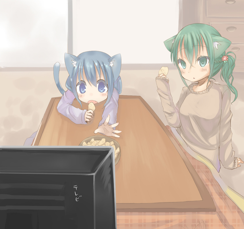 animal_ears bad_id bad_pixiv_id blue_eyes blue_hair blush cat_ears cat_tail chips eating fang food green_eyes green_hair hands highres kotatsu kouya_(ame-zaiku) multiple_girls original outstretched_arm outstretched_hand reaching sleeves_past_wrists sweater table tail television watching_television