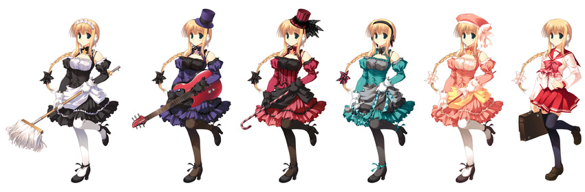 bag blonde_hair bookbag braid cane chart costume_chart dress guitar hair_ribbon hat highres instrument maid microphone mitsumi_misato mop ribbon robot_ears school_uniform silfa skirt thighhighs to_heart_2 top_hat zettai_ryouiki