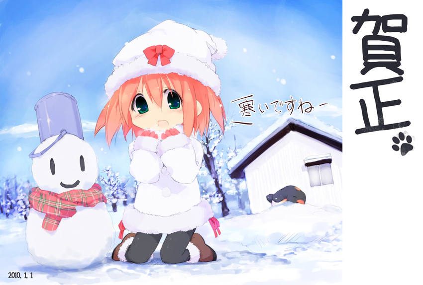 blush child green_eyes hat kneeling kuroba_u original pantyhose red_hair short_hair snow snowman solo