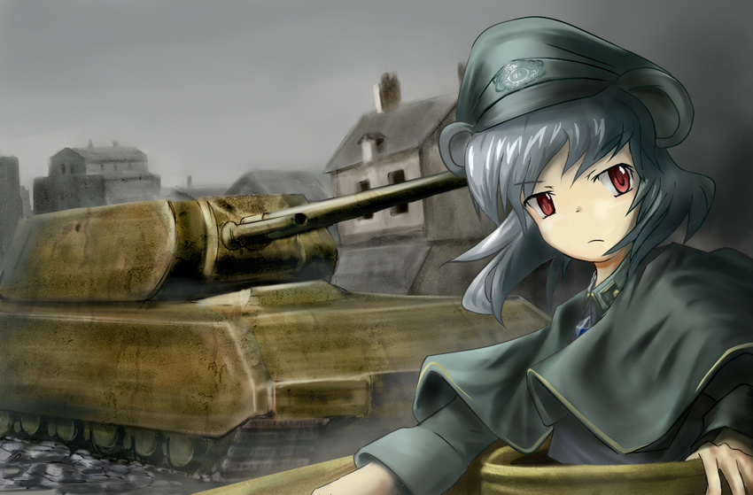 alternate_costume animal_ears bangs building capelet caterpillar_tracks city cloud cloudy_sky fat_(artist) frown grey_hair ground_vehicle hat hatch long_sleeves looking_to_the_side military military_hat military_uniform military_vehicle motor_vehicle mouse_ears nazrin outdoors panzerkampfwagen_viii_maus peaked_cap red_eyes serious short_hair sky solo tank touhou uniform upper_body war world_war_ii