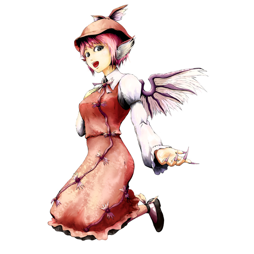 bad_id bad_pixiv_id black_eyes bow dress fingernails full_body hair_bow hands hara_tamakita hat highres kneeling long_fingernails long_sleeves looking_down mystia_lorelei open_mouth outstretched_arm outstretched_hand pink_hair shoes short_hair solo touhou transparent_background wings