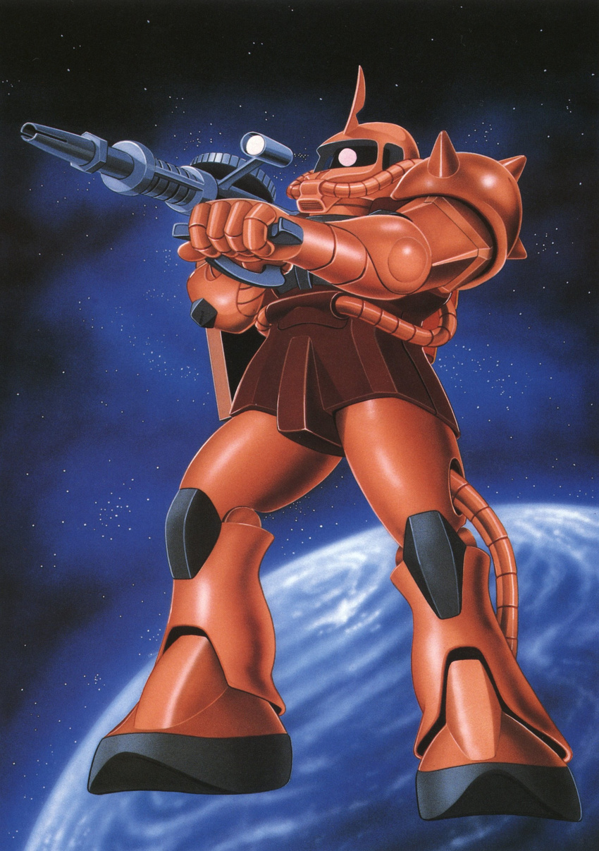 absurdres earth floating gun gundam highres machine_gun mecha mobile_suit_gundam no_humans official_art oldschool ookawara_kunio realistic science_fiction space star_(sky) weapon zaku zaku_ii zaku_ii_s_char_custom