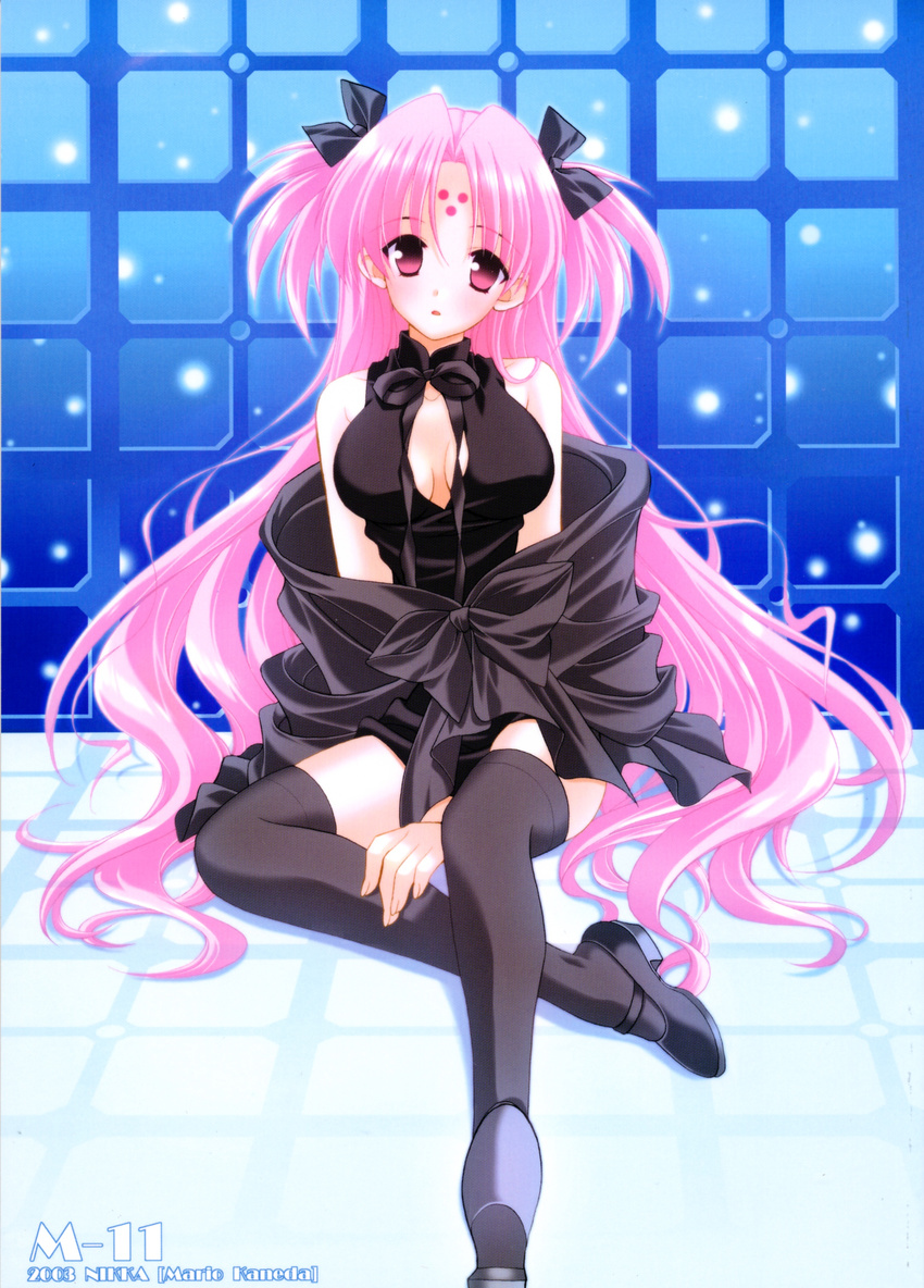 :o absurdres artist_name bangs bare_shoulders black_legwear blush bow breasts breasts_apart cleavage cleavage_cutout cover cover_page crossed_legs dated doujin_cover doujinshi dress facial_mark forehead_mark girls_bravo gradient hair_bow halterneck high_heels highres indoors leg_grab long_hair looking_at_viewer mario_kaneda mary_janes medium_breasts miharu_sena_kanaka night night_sky no_bra non-web_source official_art open_mouth parted_bangs pink_eyes pink_hair ribbon scan shadow shawl shoes short_dress sitting sky slender_waist solo star_(sky) starry_sky thighhighs turtleneck two_side_up very_long_hair wavy_hair window zettai_ryouiki