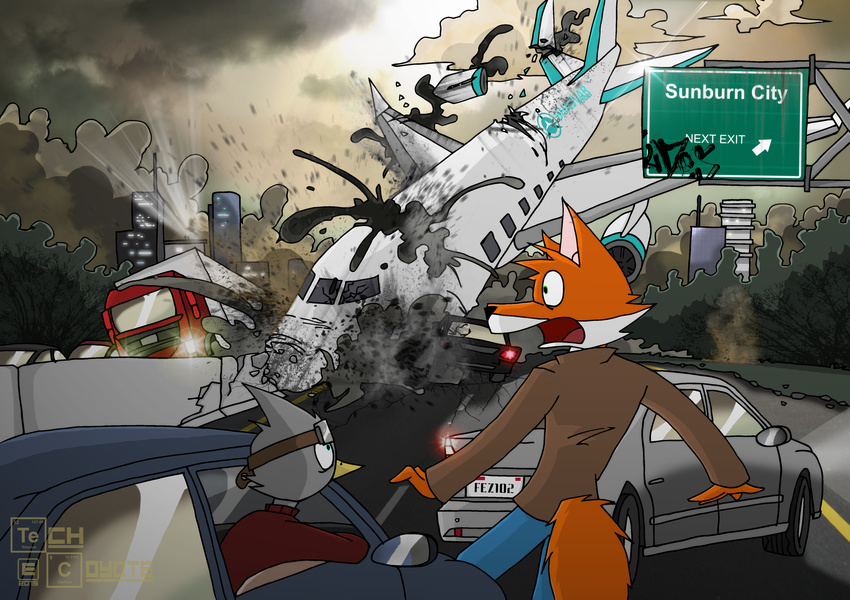 aircraft airplane anthro avian canine car crash dave_brimstone destruction disaster explosion fox fur highway highwaysign kyle_josky l-tech-e-coyote-l male mammal pileup planecrash planecrashing roadblock screaming truck vehicle