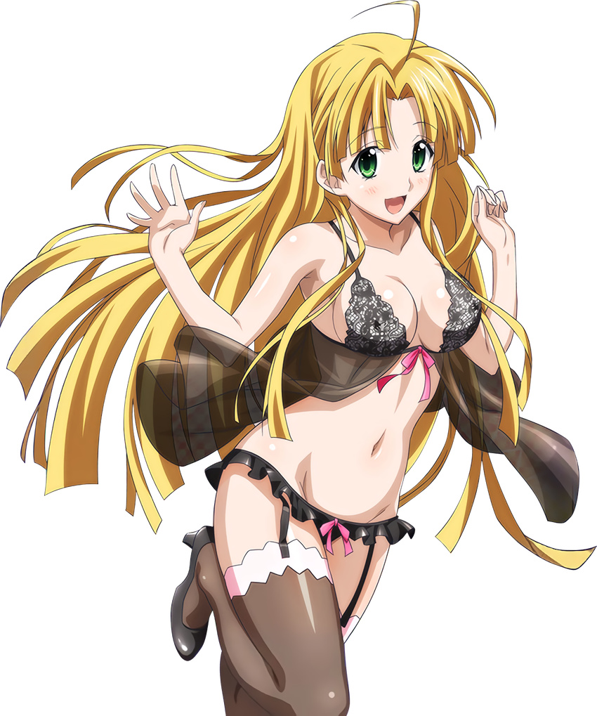 ahoge asia_argento black_bra black_legwear black_panties blonde_hair bra breasts cleavage covered_nipples extraction garter_straps green_eyes high_school_dxd highres long_hair looking_at_viewer medium_breasts navel open_mouth panties pink_ribbon ribbon sideboob solo thighhighs transparent_background underwear