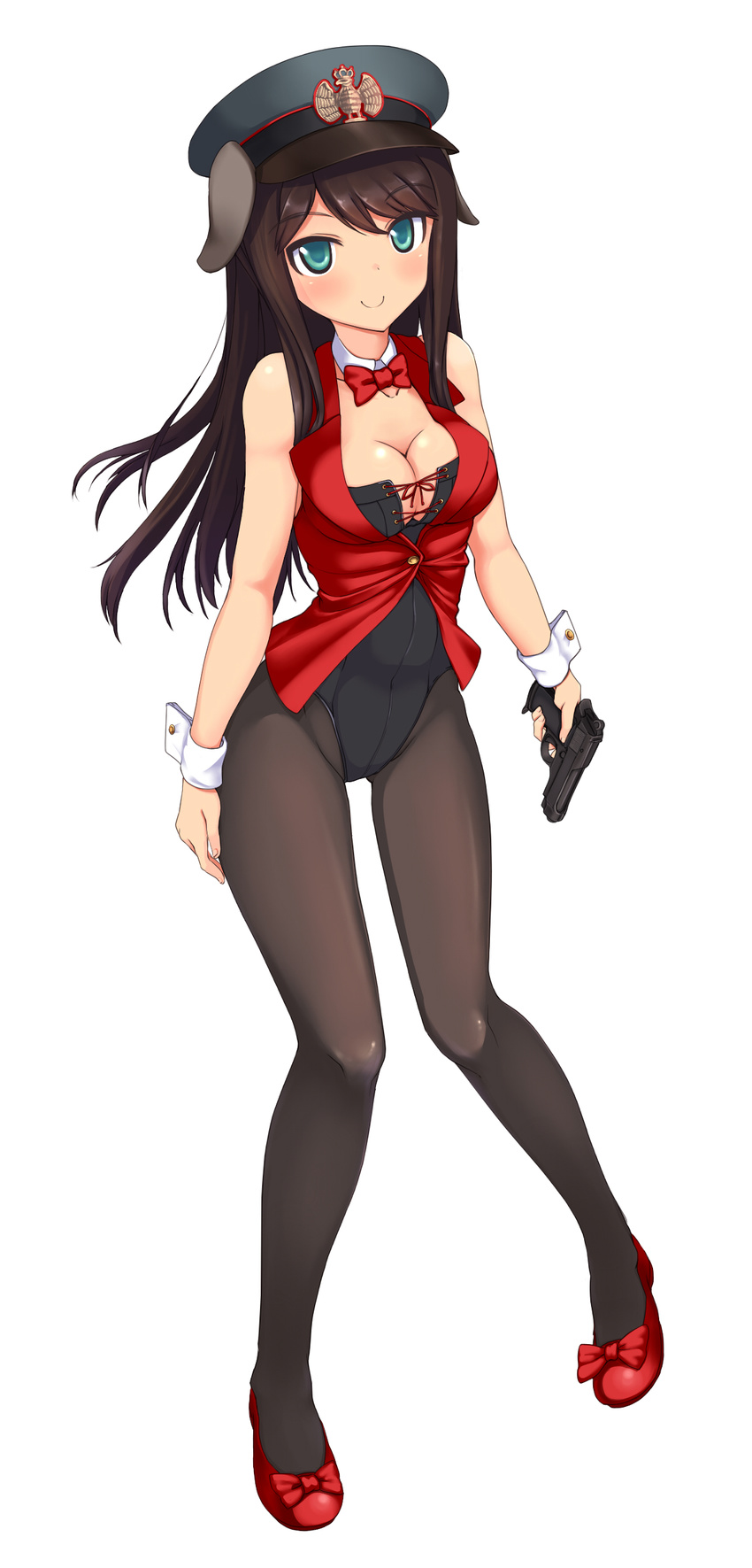 a9b_(louis814) absurdres animal_ears aqua_eyes ass_visible_through_thighs bare_arms bare_shoulders beretta_92 bow bowtie breasts brown_hair cleavage commentary_request cross-laced_clothes detached_collar dog_ears federica_n_doglio full_body gun handgun hat highres holding holding_gun holding_weapon italy legs looking_at_viewer medium_breasts pantyhose pigeon-toed pistol red_bow red_footwear red_neckwear ribbon shoe_bow shoes slim_legs smile solo thigh_gap tsurime weapon weapon_request wing_collar world_witches_series wrist_cuffs