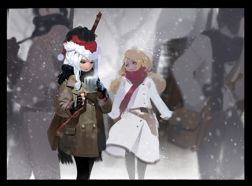 bag bangs bare_tree belt black_border black_legwear black_scarf blonde_hair blurry border christmas cup fingerless_gloves fringe_trim fur_trim gloves hand_on_another's_head hat head_out_of_frame holding holster karasu-san_(syh3iua83) long_hair mug multiple_boys multiple_girls original outdoors pantyhose red_hat red_lips red_scarf santa_hat scarf shoulder_bag snowing swept_bangs tree walking white_coat white_hair winter winter_clothes